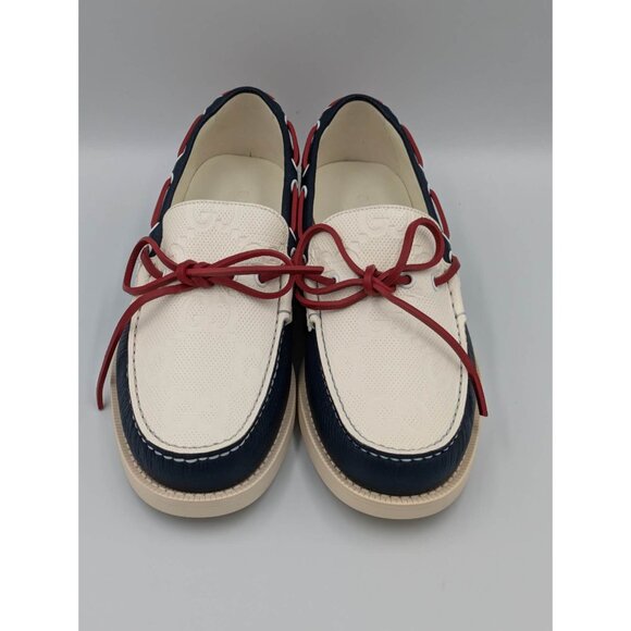 Gucci Men's Riverside Moccasin Calfskin GG Boat Shoes Blue/Off White 745968 UK9 - Picture 2 of 12